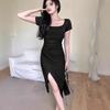 Women's 2024 French Square Neck Slit Pleated Summer Bodycon Dress