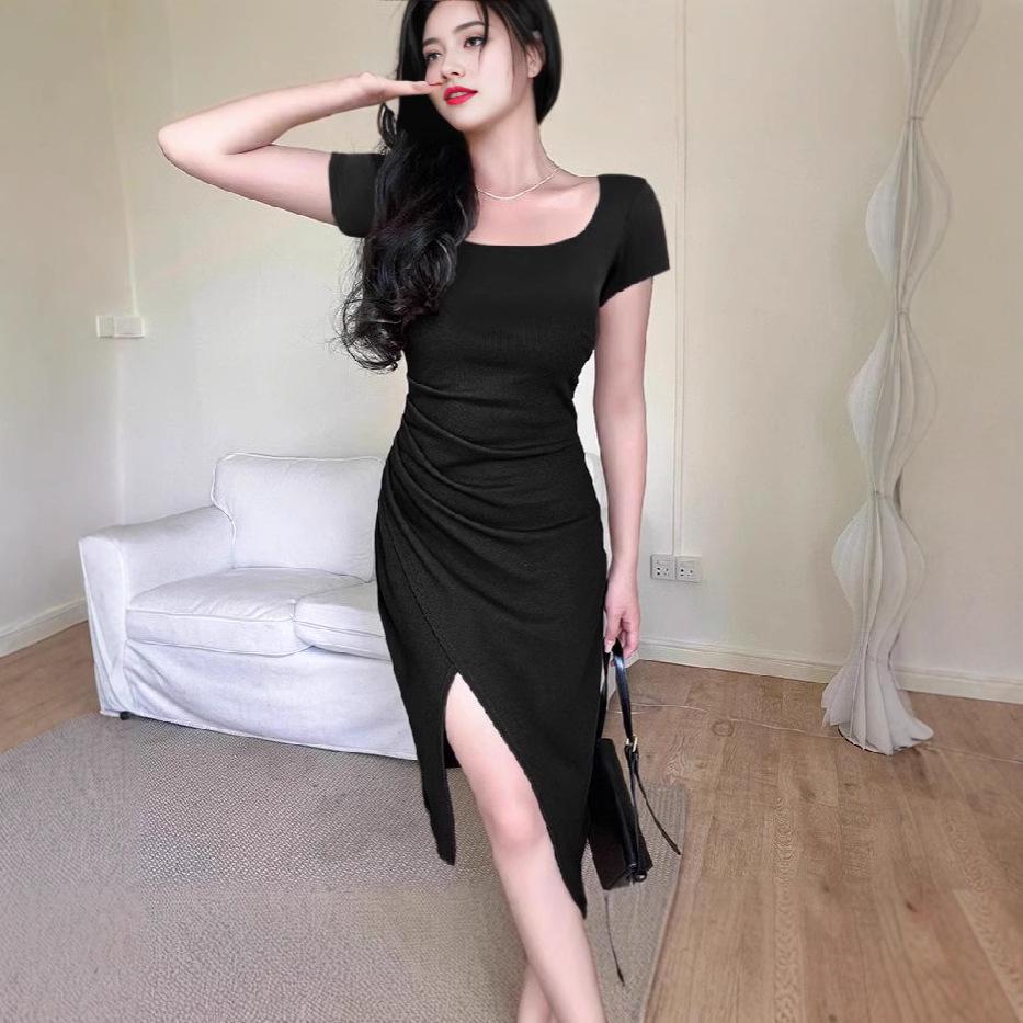 Women's 2024 French Square Neck Slit Pleated Summer Bodycon Dress
