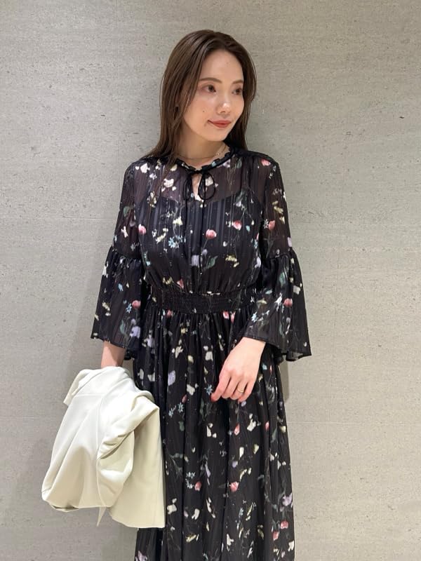 Selford Bowtie Flower Print Dress CWFO251063 Black Women's