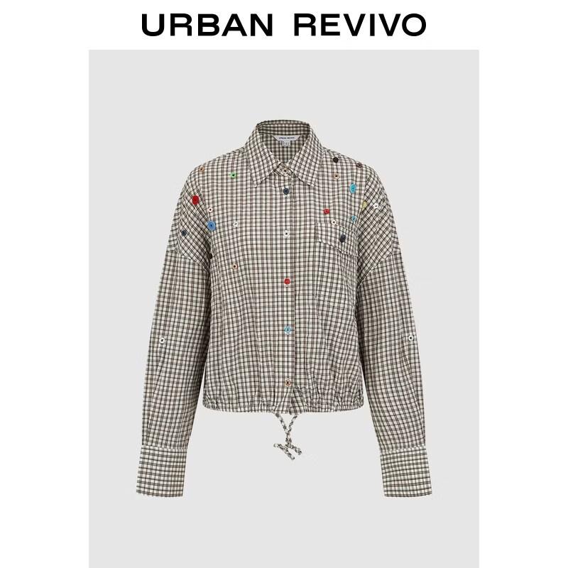 UR2026 Women s Plaid Drawstring Open Front Shirt M