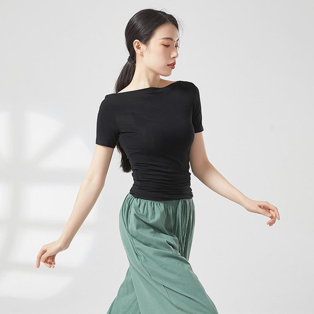 Yuoku Ballet Dance Short Sleeve Boat Neck Practice Stretch Dance Solid Classical Ballroom Dance Elastic Boat Women's Costume, Top, Wear, Top, T-Shirt,