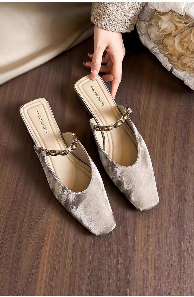 Satin Version Summer Heel-Free Square Head Muller Shoes Bag Head Cool Slippers Women'S Summer Wear Thick Heel Half Drag Single Shoes
