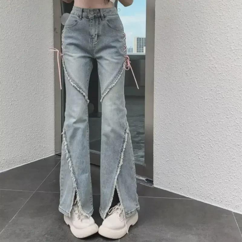 Women's High-Waisted Flared Jeans - Slim Fit, Strappy Detail, Elastic, Split Hem, Autumn Collection