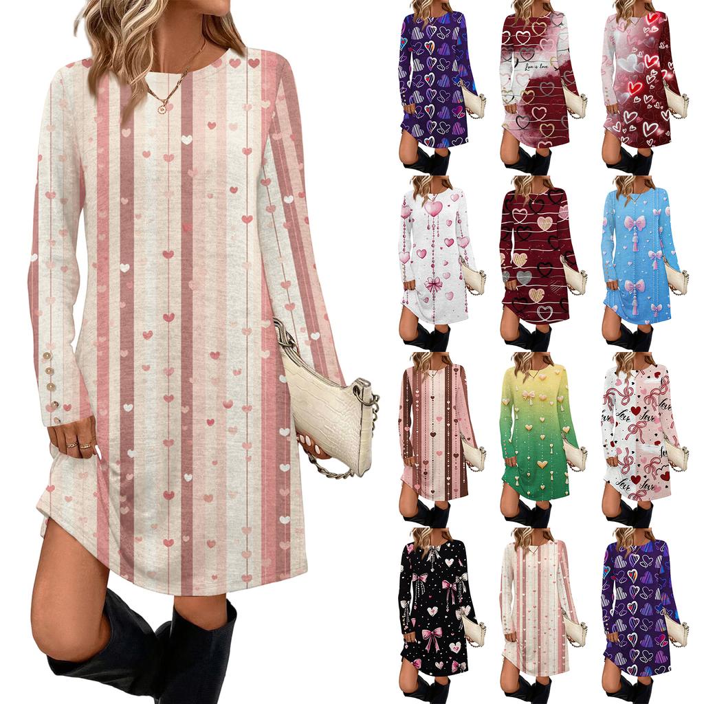 Women's Fashion Casual Pocket Decorative Button Dress Round Neck Long Sleeve Printed Dress