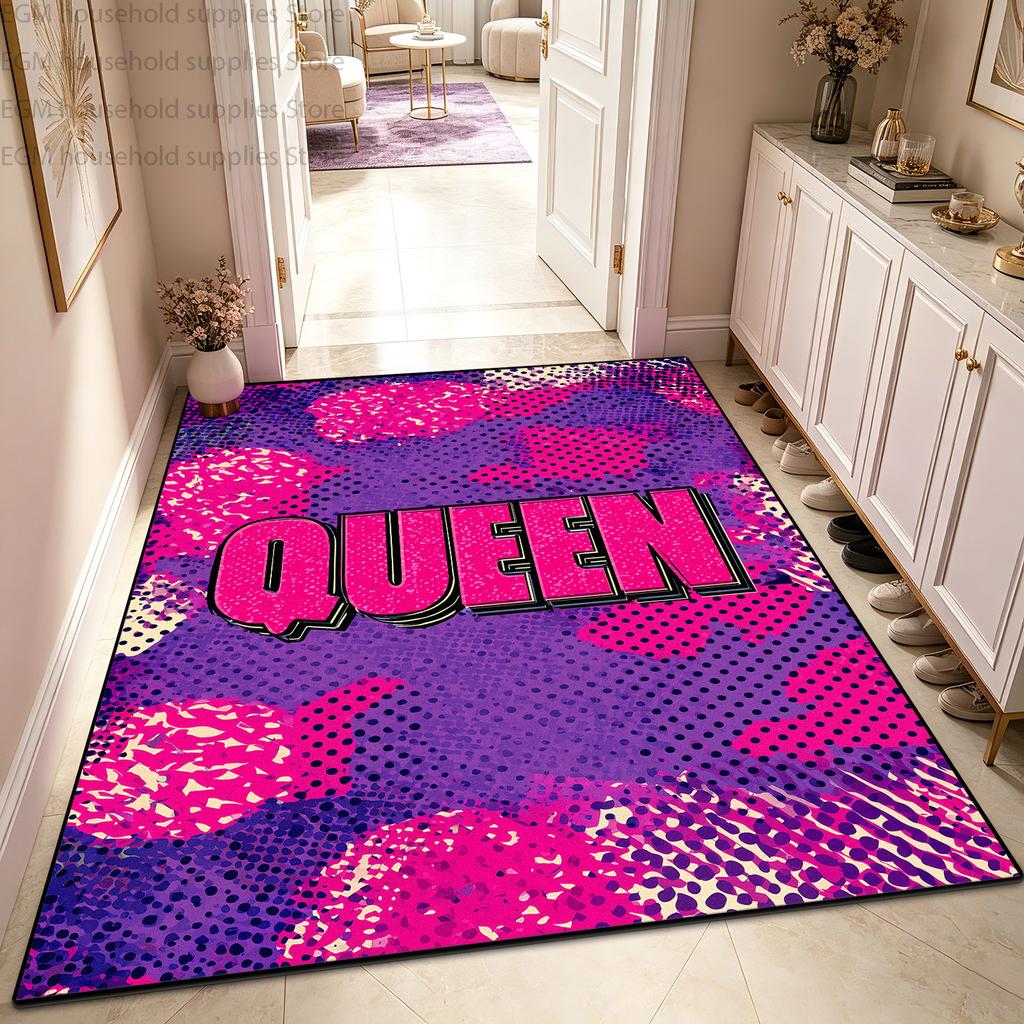 Trendiger Pink-Lila Königin Buchstaben-Druck Teppich Pop Art Schlafzimmer Großer Teppich Weich Rutschfest Waschbar Wohnzimmer Eingang Fußmatten