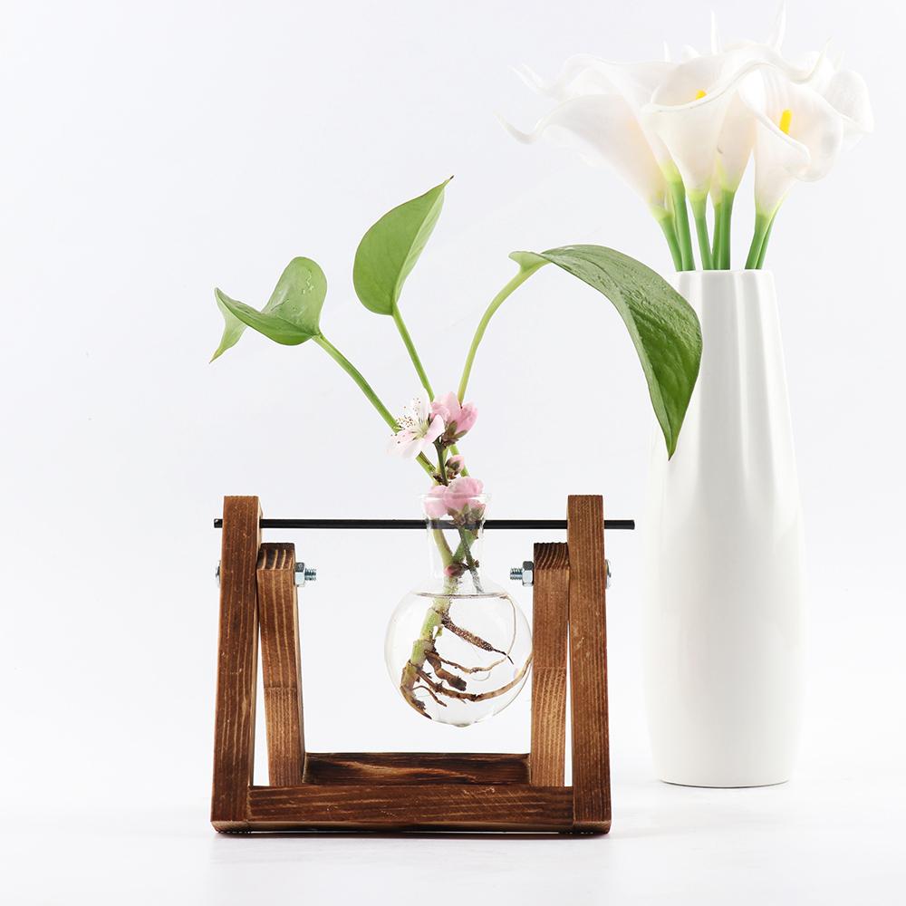 Vintage Wooden Frame Vase Plant Terrarium with Wooden Stand Glass Vase Desktop Glass Planter for