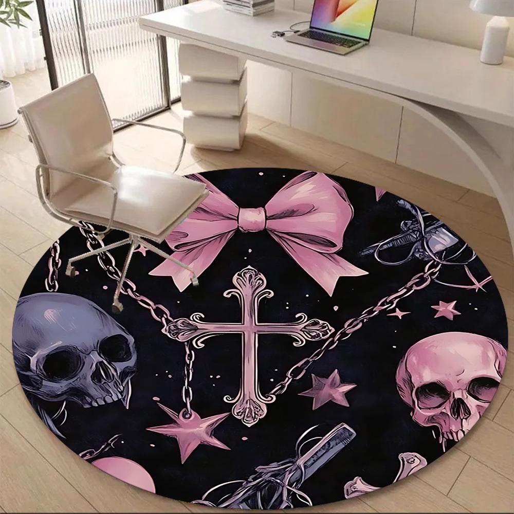 1pc Bow Gothic Skulls Office Round Area Rug, Indoor Mat Suitable ForOffice, Under Office Chairs Bedroom Living Room Home Decor, Room Deco, n60