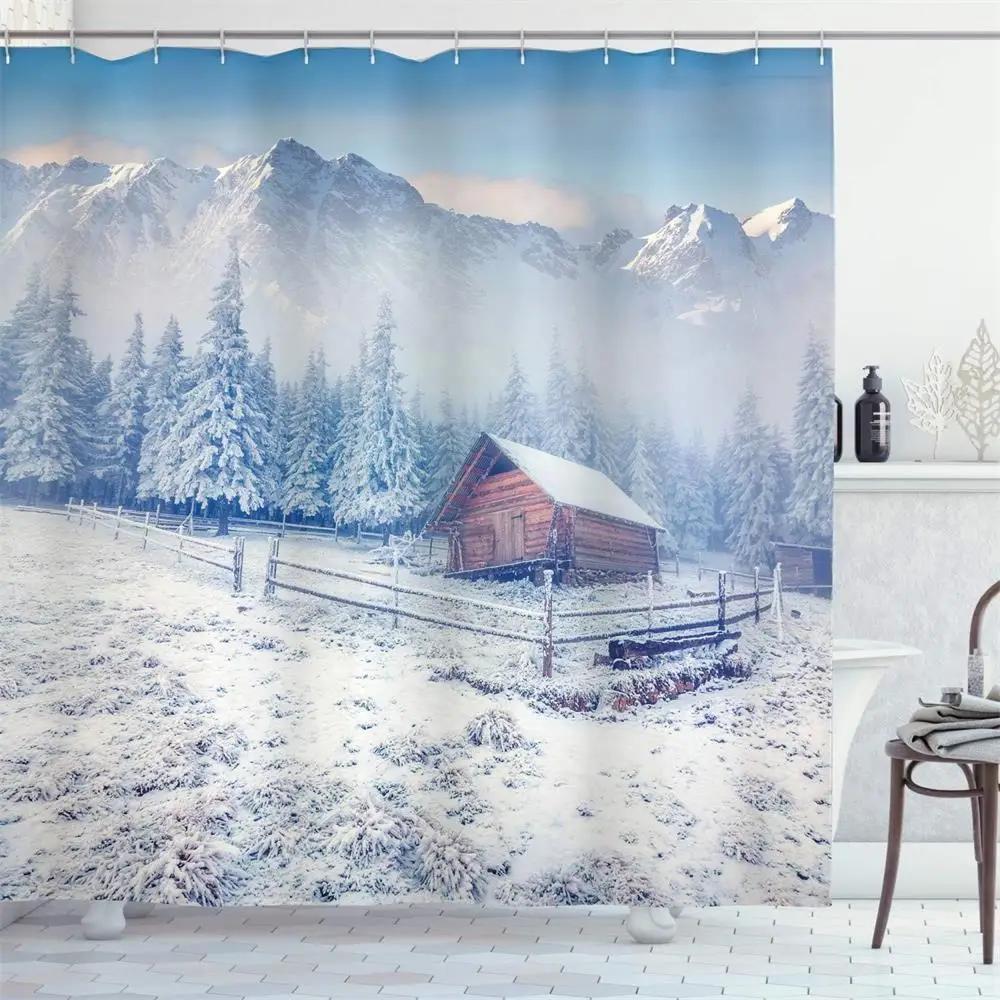 

Winter Shower Curtain Forest Birch Trees Cedar Snow Scene Nature Landscape Wall Hanging Cloth Bathroom Curtains Decor With Hooks W60H190(CM)-1 Pcs