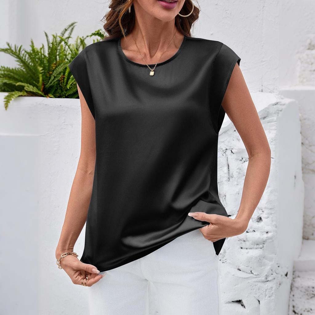 Women's Satin Blouse Summer Shirt Round Neck Tank Top Loose-Fitting Business Casual Top