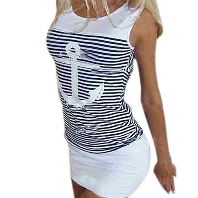 Vest Anchor Stripe Dress Sleeveless Tops Oneck Hooded Sexy Bodycon Mini Dresses