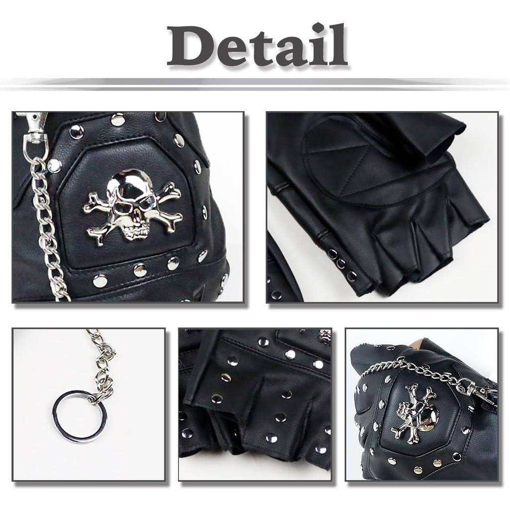 Fingerless Skull Punk NT234 [White Fang] Half-Finger Gloves, Design, Rock, Men's & Women's (Black)