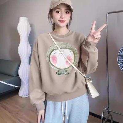 2025 Autumn and Winter Retro Mocha Princess Print Crew Neck Sweater Lazy Style Loose Versatile Pullover