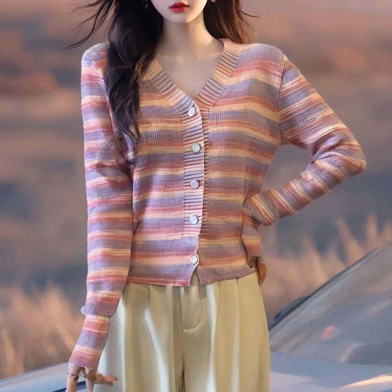 2025 Autumn Women's Rainbow Stripe V-Neck Cardigan Sweater