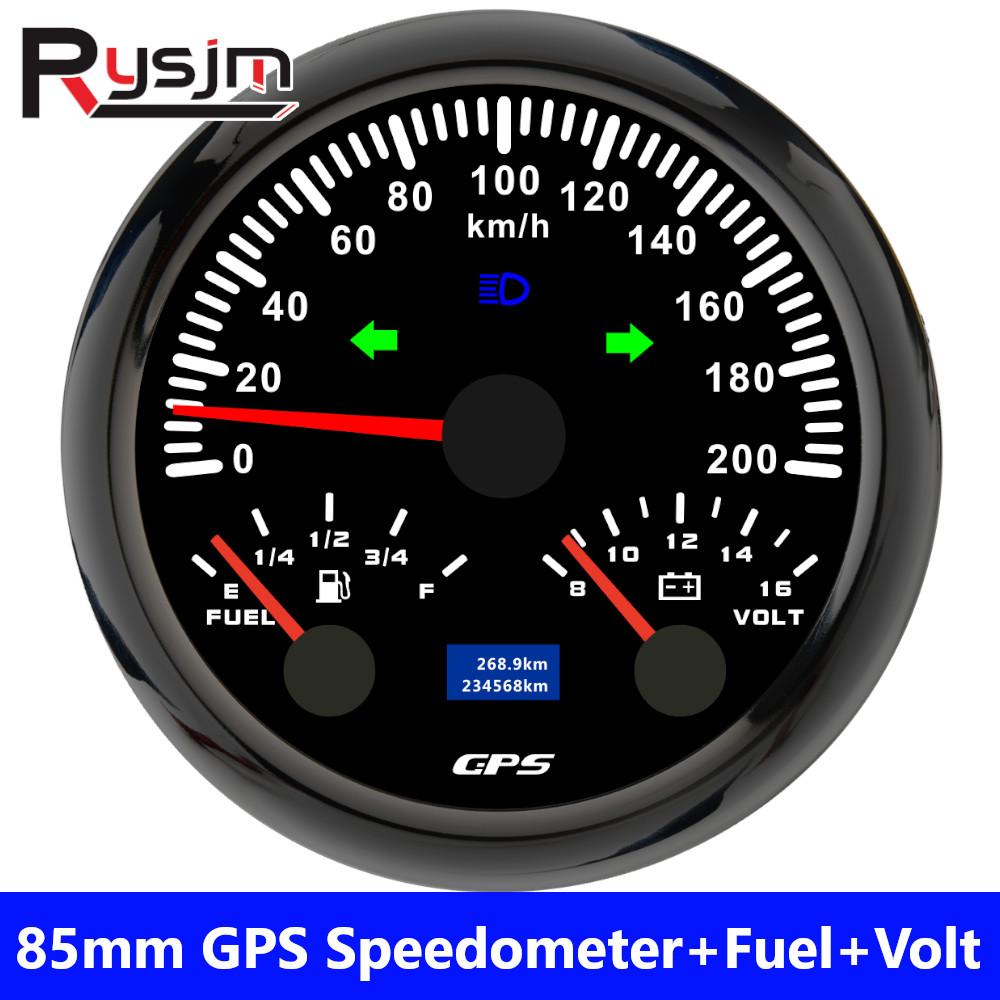 85mm 3 IN 1 Gauge 120kmh 200km/H GPS Speedometer+Fuel Level Meter+Voltmeter VOLT Speed Meter For 12V 24V Car Marine Boat Truck