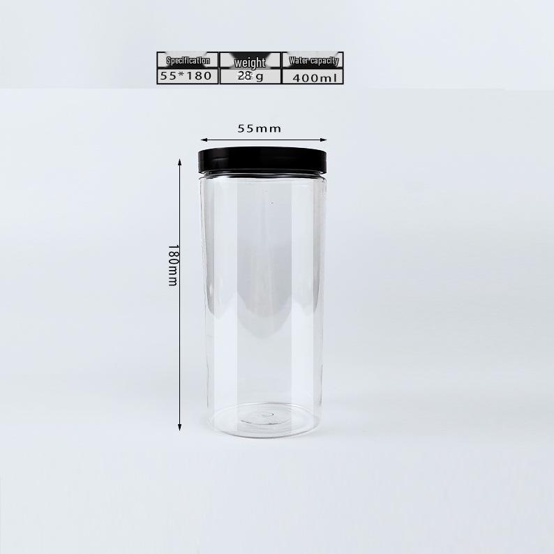 Black Lid Wide Mouth PET Food Jar for Snacks, Nuts, Grains, and Honey.