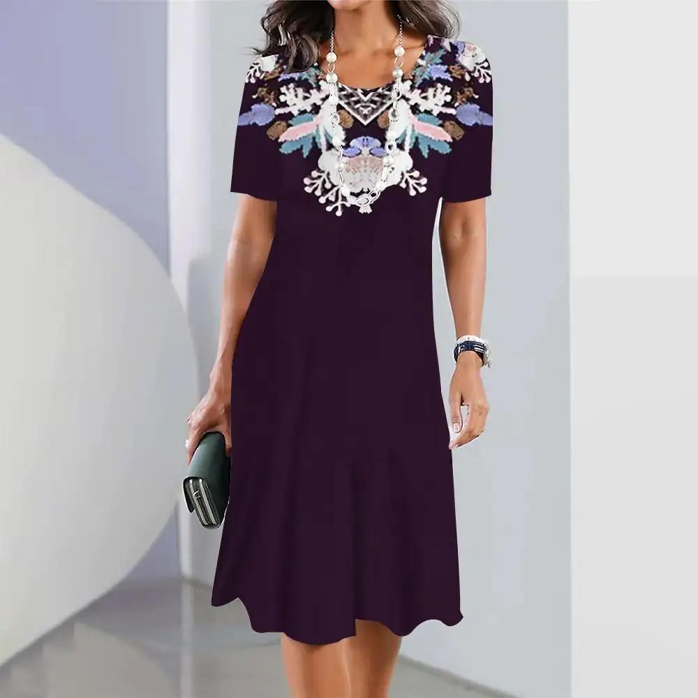 Womens Dresses 3d Gradient Geometric Printhing Dress Crushed Flower Short Sleeves Party Clothing Elegant Tops Retro A-Line Skirt