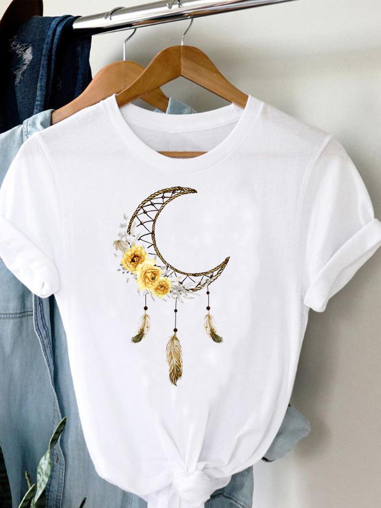 Women's T-shirt Summer Printed Short Sleeve Clothing Graphic with Feather Painting Bird Clothing Fashionable Women's Top