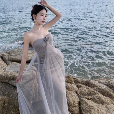 Fairy Temperament Mesh One-word Shoulder Tube Top Dress Fairy Summer Seaside Vacation Beautiful Long Dress