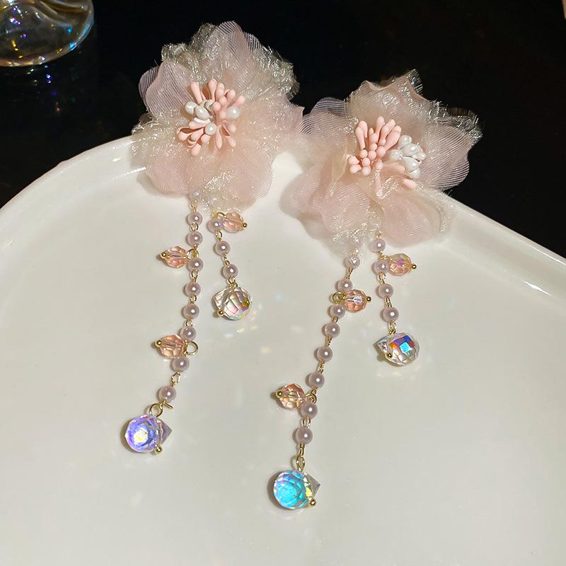 Silver needle pink mesh flower pearl fringed earrings fashion design sense sweet temperament earrings earrings earrings women