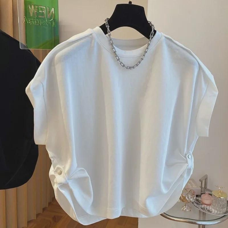 Women's Korean Fly Sleeve Loose Solid Color T-Shirt - Short Sleeve, Slimming, Drop Shoulder Design for Summer