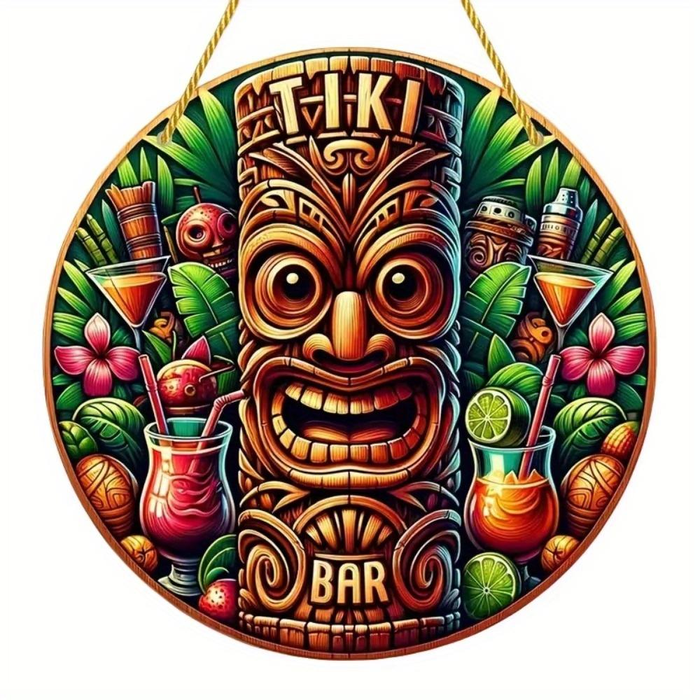 1pc 2d Flat Hawaiian Tiki Mask Bar Sign - 20cm Round Wood Art Decoration for Home, Garage, Cafe, Restaurant, Bar, BBQ, Beach, Resort Decoration