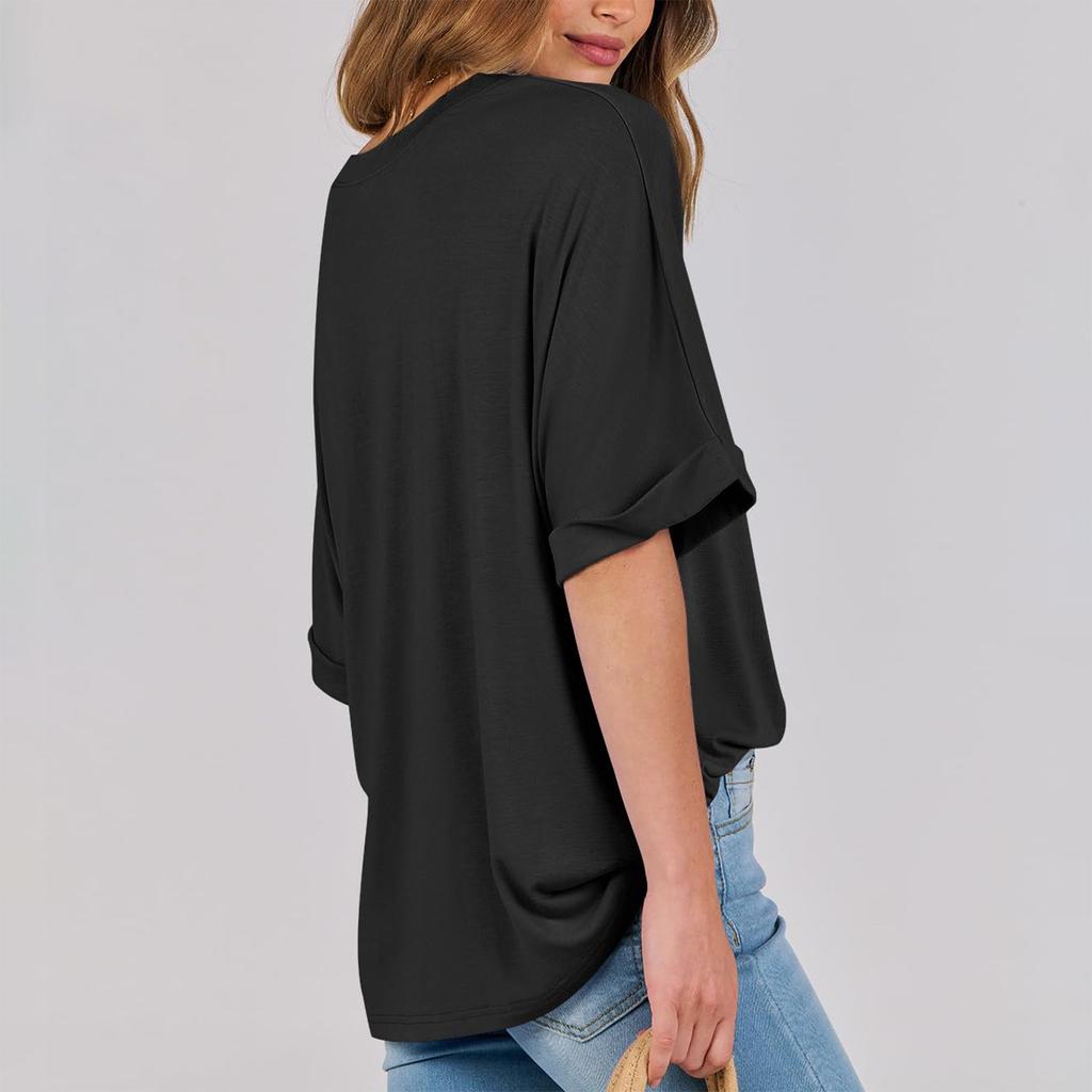 Women's Loose Oversized Solid Rround Neck, Shoulder Length Short Sleeved T-shirt Top
