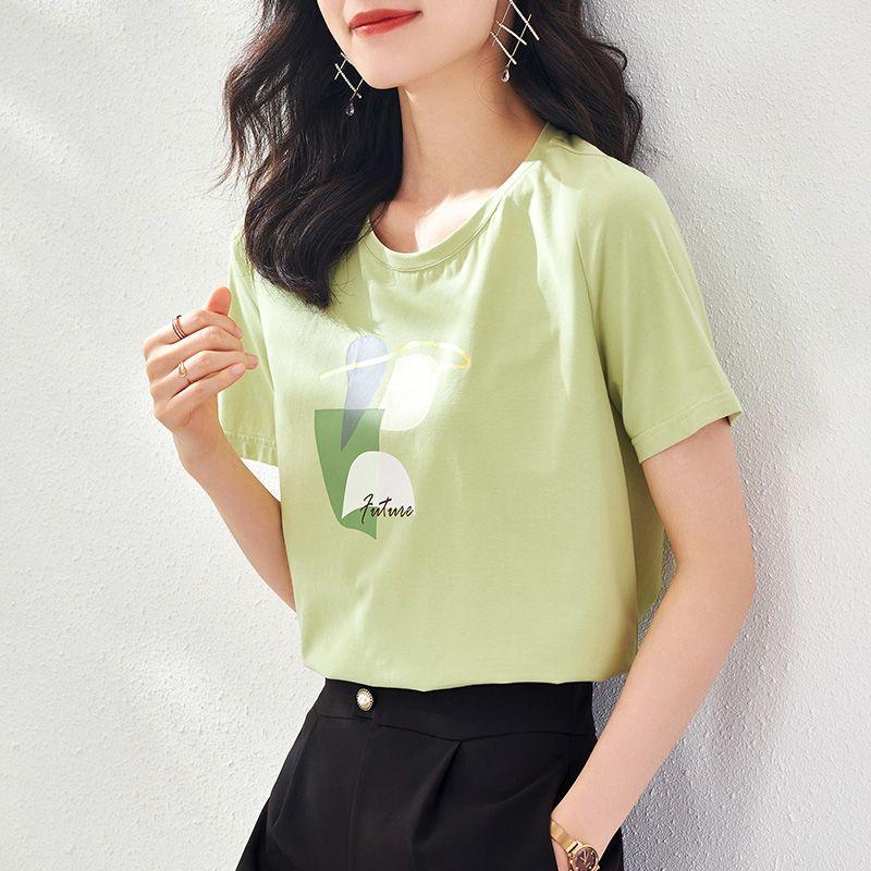 

OSA White Short Sleeve Loose Summer Tops Print T-Shirt Green XS