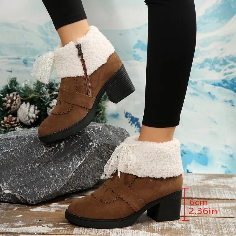 Fashion Winter Women Fur Snow Ankle Boots Suede High Heels Shoes Designer 2025 New Short Plush Warm Shoes Chelsea Goth Pumps Botas Mujer