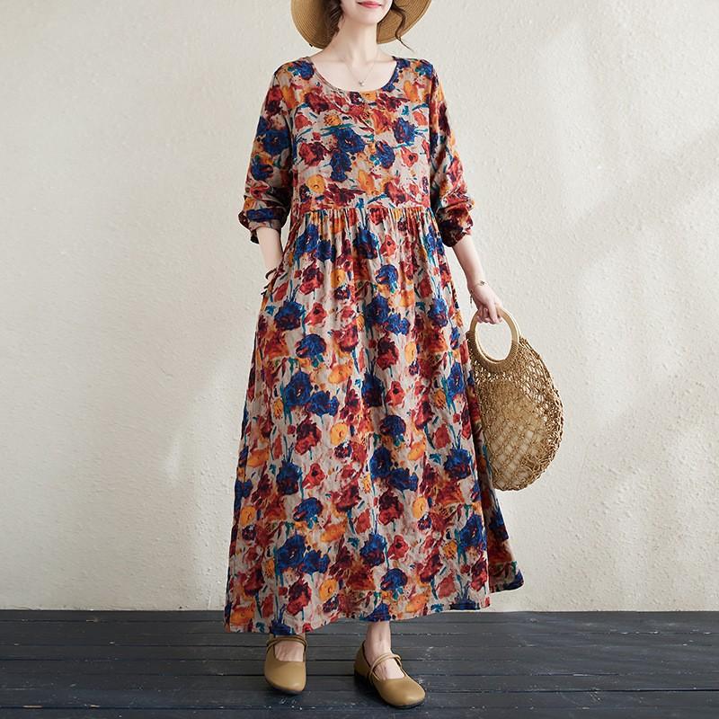 Plus Size Květinové Boho Bavlněné Lněné Cestovní Šaty Volné Velké Vintage Sváteční Dlouhé Šaty