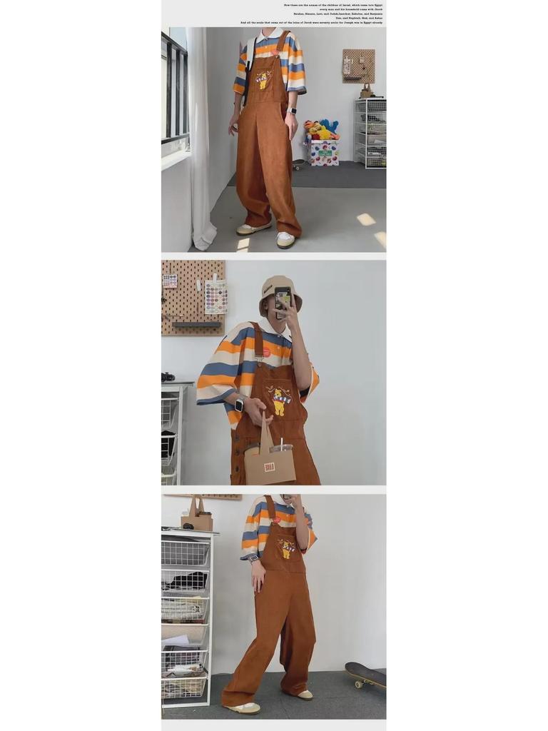 Unisex Retro Khaki Overalls: Neutral Japanese-Inspired Bear Jumpsuit