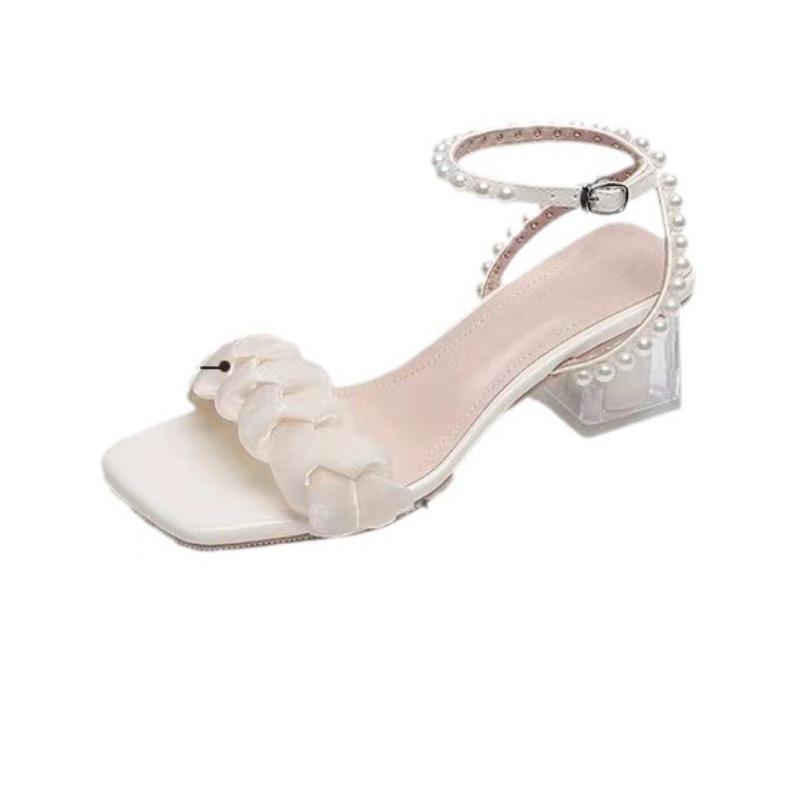 

Мода 2025 Лето Сандалии Женские Французский Темперамент Кристалл Высокий Каблук Сексуальные Массивные Жемчуг Комфорт Банкетные Туфли Zapatos De Mujer 40 бежевый