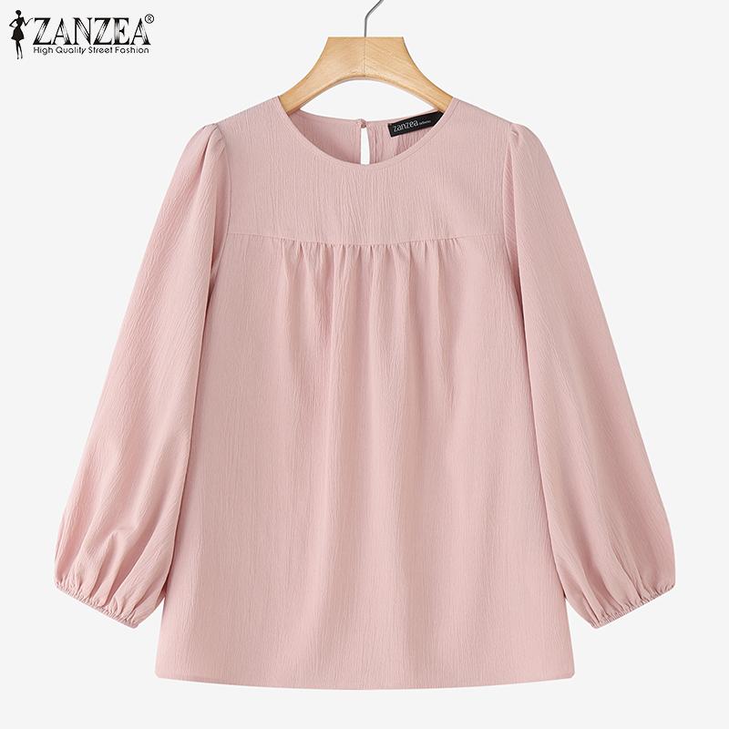 ZANZEA Dame Casual Rund Hals Løs 3/4 Erme Ensfarget Bluse