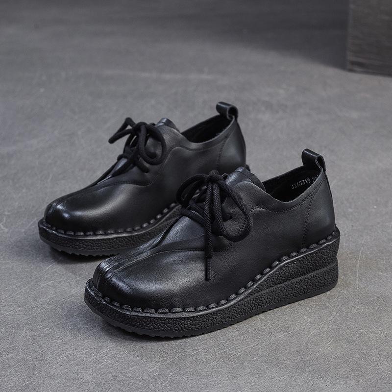 

Johnature Ретро Туфли-лодочки из натуральной кожи Круглый носок Шнуровка Удобные Универсальные Женские Туфли на танкетке 40 чёрный