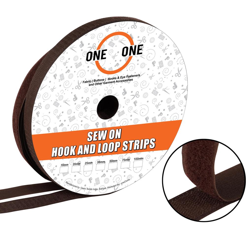 oneOone Sew On Hook and Loop Fabric Fastener Strips Non Adhesive Back Nylon Strips Fabric Fastener Non-Adhesive Interlocking Tape Brown- 25