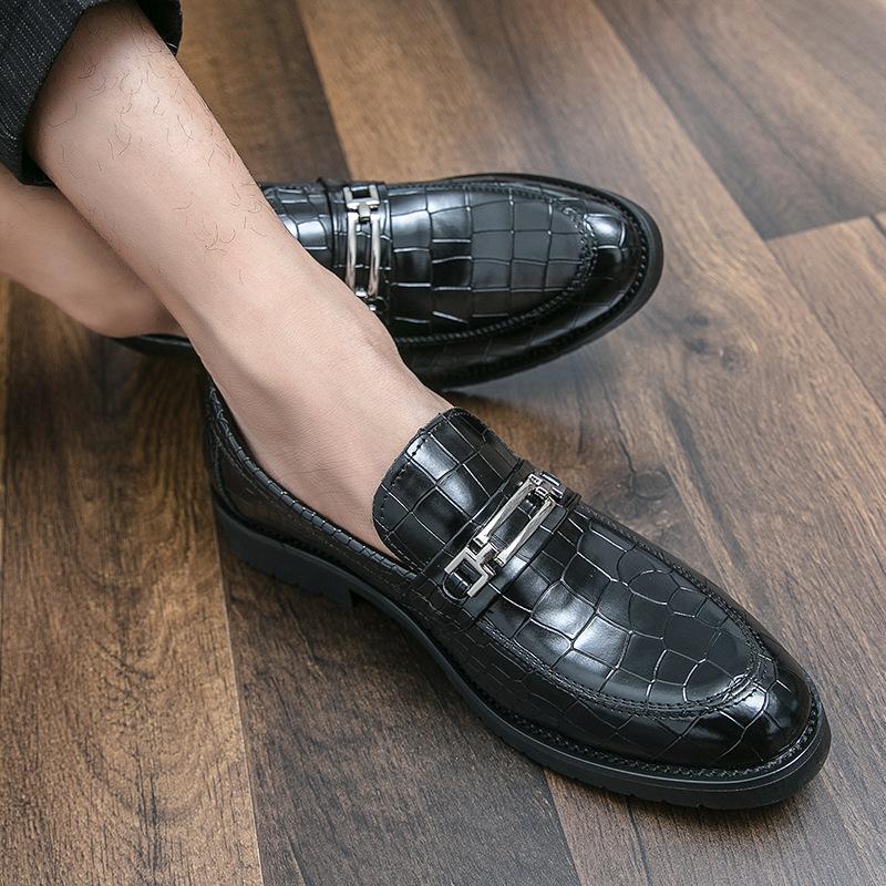 38-46 Leather Shoes Men's Spring British Business Plaid Embossed Leather Shoes Men's One Pedal