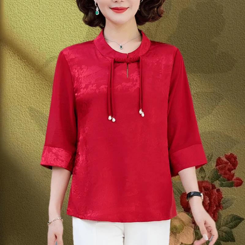 

Маленькая рубашка с рукавом три четверти, жаккардовый топ в китайском стиле, весенне-летняя футболка XL красный