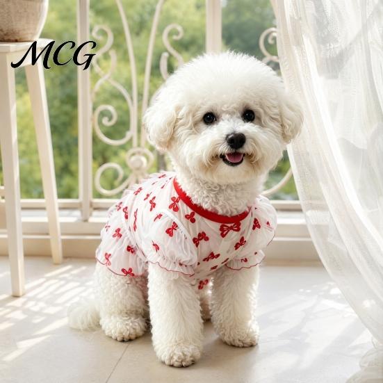 Bow Pattern Pet Dress Sheer Mesh Dog Dress, Ruffled Cute Bowknot Loose Puff Sleeve Sleeve, Breathable Summer Outfit for Small Dogs
