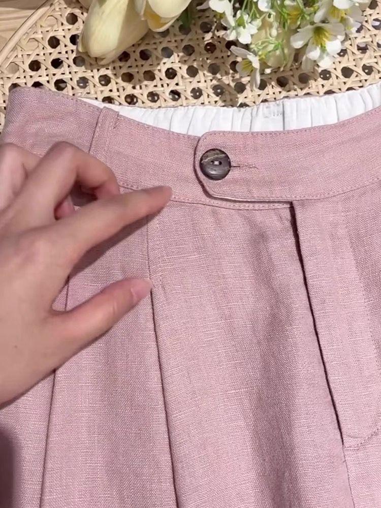 Smoke Pink Tencel Linen Wide-Leg Pants: Women's Petite Ramie Cotton & Linen Straight-Leg with Drape