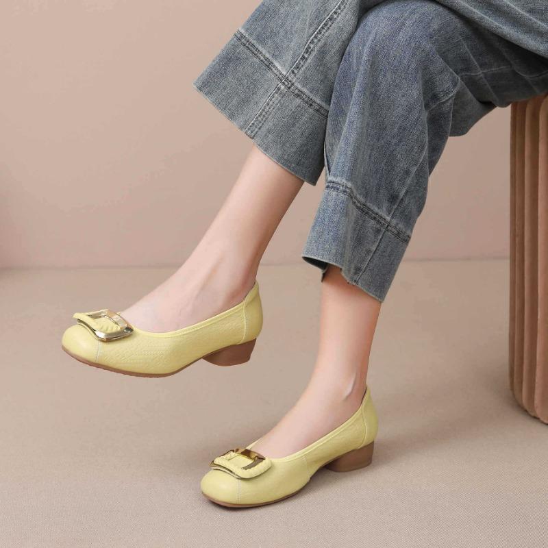 New soft-soled comfortable shallow-mouth single shoes women's shoes cowhide one-pedal single shoes square buckle flat shoes grandma shoes