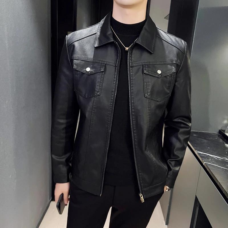 Autumn Men Casual Biker Jacket Men Pu Leather Coat Youth Leisure Faux Leather Jacket Male Loose Fit Mixed Leather Jacket