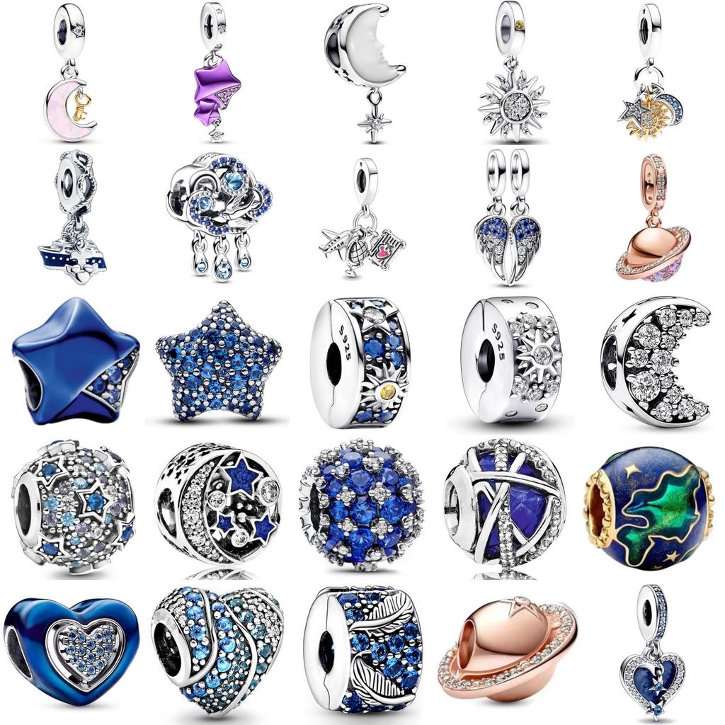 New 925 Silver Space Deep Blue Star Moon Charm Beads for DIY Bracelets Jewelry Making Boutique Accessories