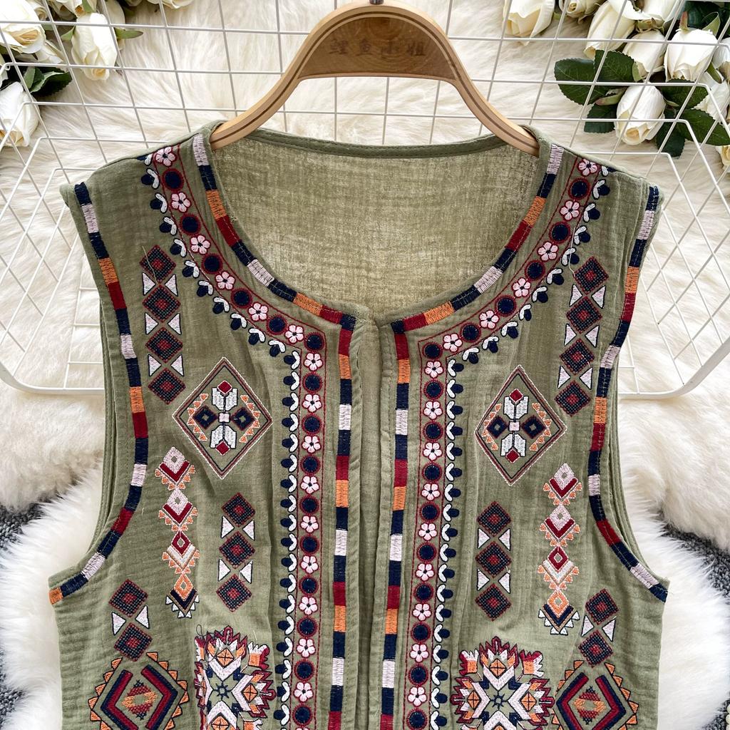 Gilet court à fleurs style national pour femme, gilet court brodé, col rond, sans manches, vêtement d'extérieur chic