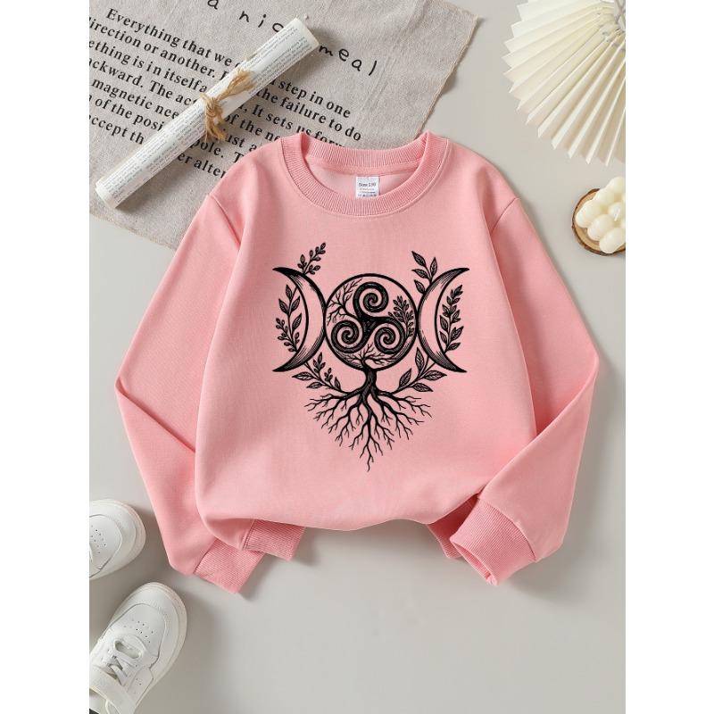 European Sizes Girls' Long-Sleeve Round Neck Sweatshirt "Celtic Tree Moon" Print, Spring/Autumn, Casual, Daily & Sports.