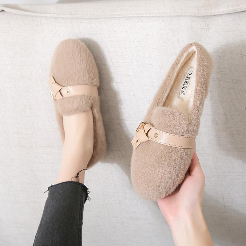 Fashion Mink Fur moccasins femme bow-knot belt buckle fleeces flats woman winter shoes women sneakers warm plush loafers big size 34-43