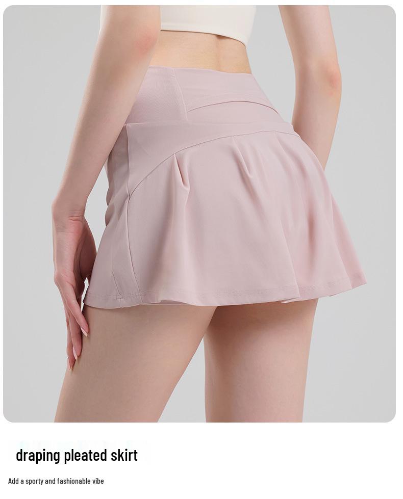 A-line High Waist Pleated Skorts with Lining - Summer Cool Anti-Exposure Running Tennis Yoga Fitness Shorts