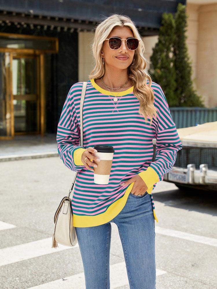 Elegant and Fashionable Autumn and Winter Comfortable Round Neck Striped Splicing Open Loose Long-sleeved Sweater Jacket Pullover Shirt Hoodies