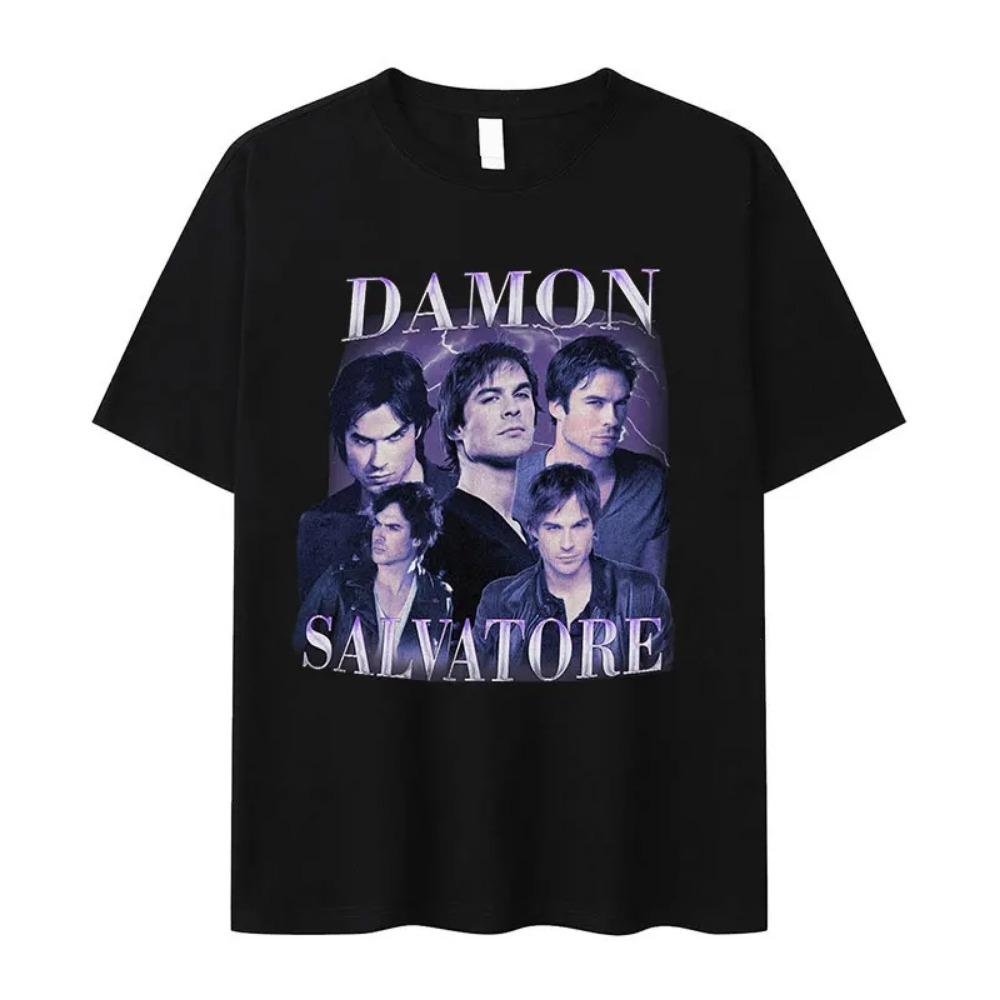 T-shirt con Stampa Damon Salvatore Ian Somerhalder Serie TV per Donna Moda Gotica Retro Oversize per Streetwear Donna