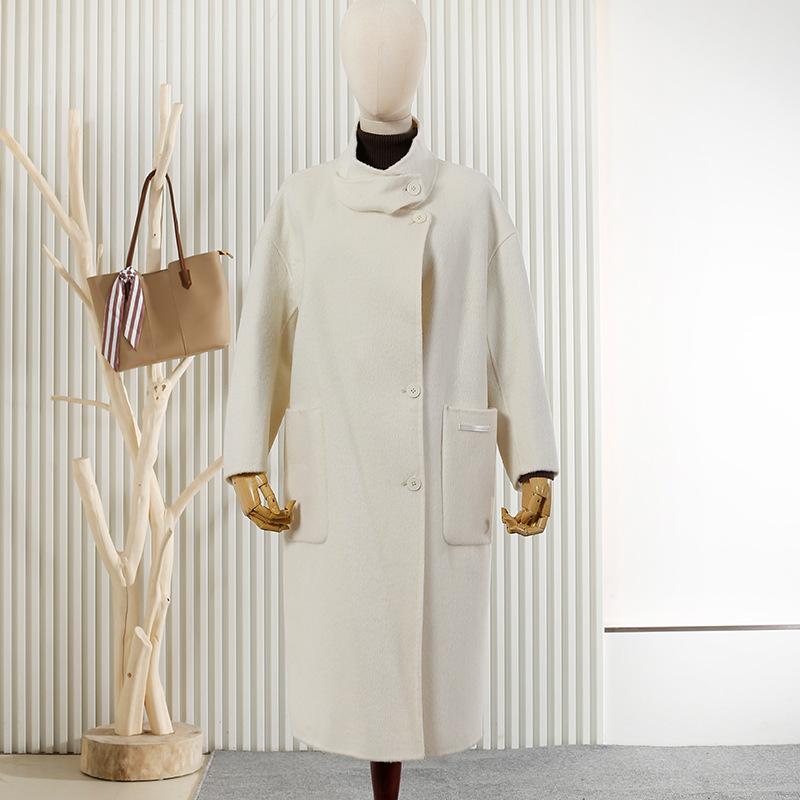 

Новое длинное шерстяное пальто с воротником-стойкой, двустороннее шерстяное пальто, темпераментное, свободное, женское M белый