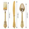 Set di posate in plastica vintage goffrate dorate da 90 pezzi, coltello, forchetta, cucchiaio a doppio uso, posate usa e getta per feste