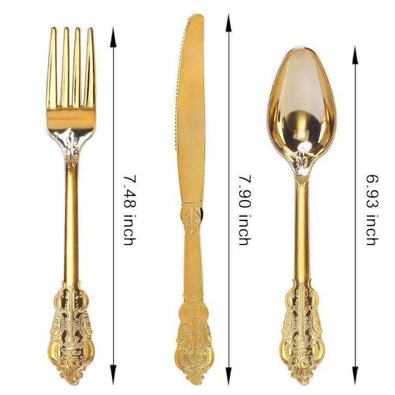 Set di posate in plastica vintage goffrate dorate da 90 pezzi, coltello, forchetta, cucchiaio a doppio uso, posate usa e getta per feste